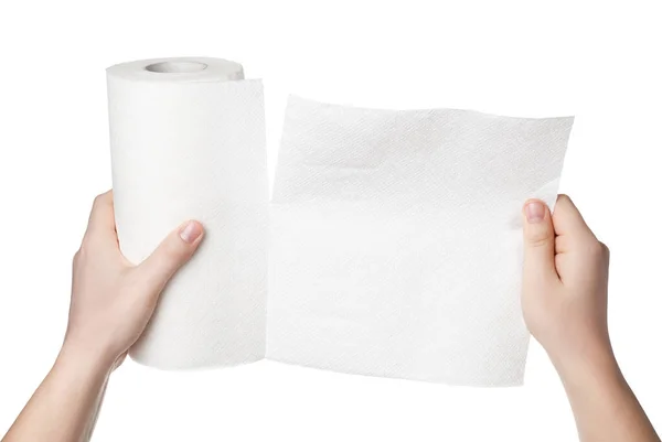 Woman Tearing Paper Towels White Background Closeup — Stock Photo, Image