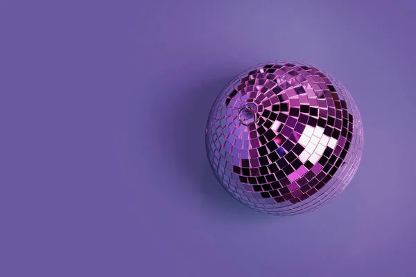 Shiny Disco Ball Violet Background Top View Space Text — Stock Photo, Image