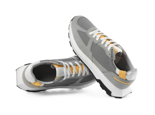 Pair Stylish Grey Sneakers Isolated White — Stock Photo, Image