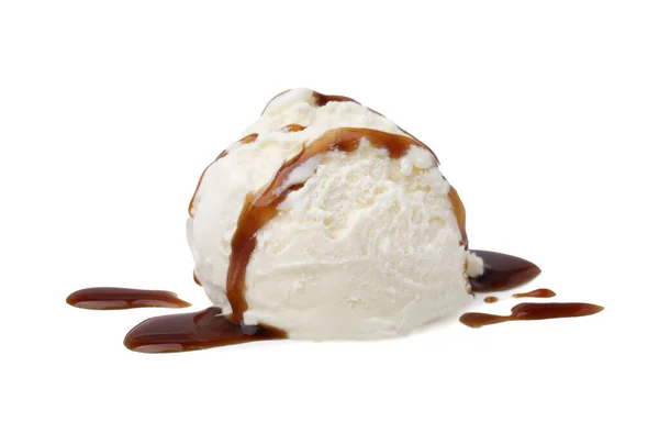 Scoop of ice cream with caramel sauce isolated on white