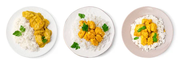 Köstliches Hühnercurry Mit Reis Auf Weißem Hintergrund Draufsicht Collage Design — Stockfoto