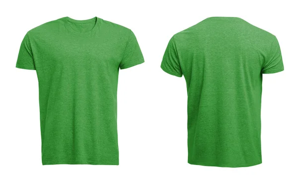 白を背景にライトグリーンのメンズTシャツのフロントとバックビュー デザインのためのモックアップ — ストック写真