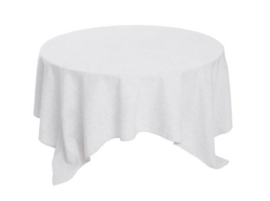 Beyaz masa örtüsü olan masa beyaza izole edilmiş.