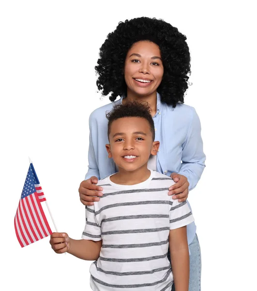 Julio Día Independencia América Mujer Feliz Hijo Con Bandera Nacional — Foto de Stock
