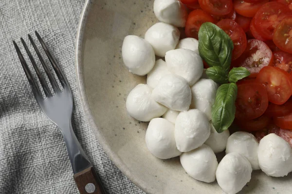 Delicious Mozzarella Balls Tomatoes Fork Table Flat Lay — Foto Stock