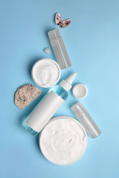 Flat Lay Composition Different Cosmetic Products Light Blue Background — Foto de Stock