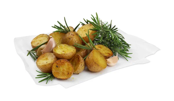 Batatas Assadas Deliciosas Com Alecrim Isolado Branco — Fotografia de Stock