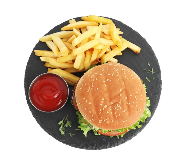 Delicious Burger Beef Patty Tomato Sauce French Fries Isolated White — Stock Photo, Image