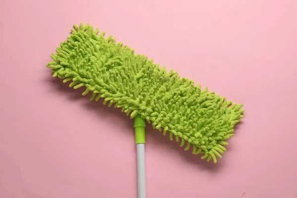 Mop Plastic Handle Pink Background Top View — Stock Photo, Image