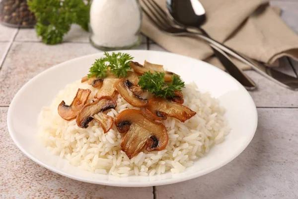 Delicious Rice Parsley Mushrooms Tiled Table — Stock Photo, Image
