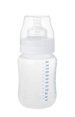 One empty feeding bottle for infant formula isolated on white