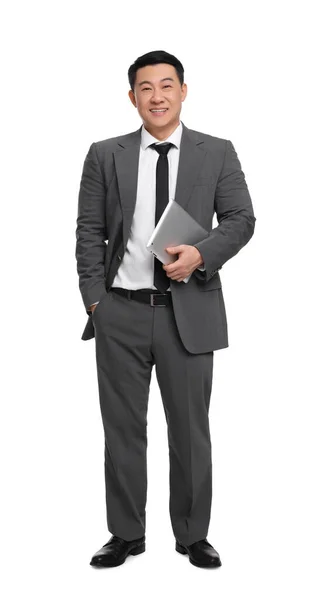Affärsman Kostym Med Tablett Vit Bakgrund — Stockfoto