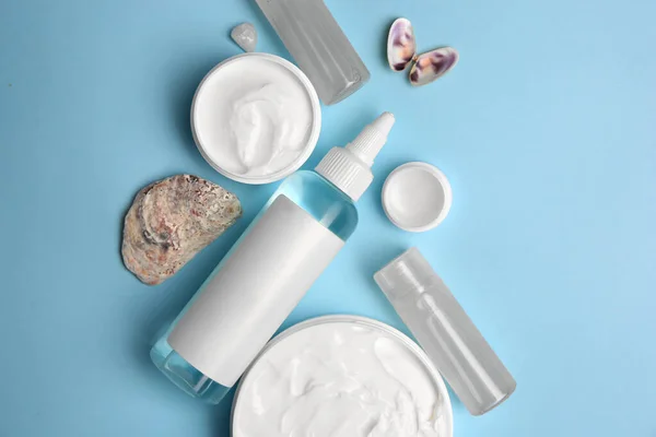 Flat Lay Composition Different Cosmetic Products Light Blue Background — Foto Stock