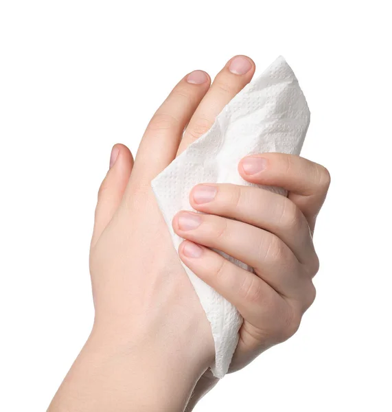 Mulher Limpando Mãos Com Toalha Papel Fundo Branco Close — Fotografia de Stock