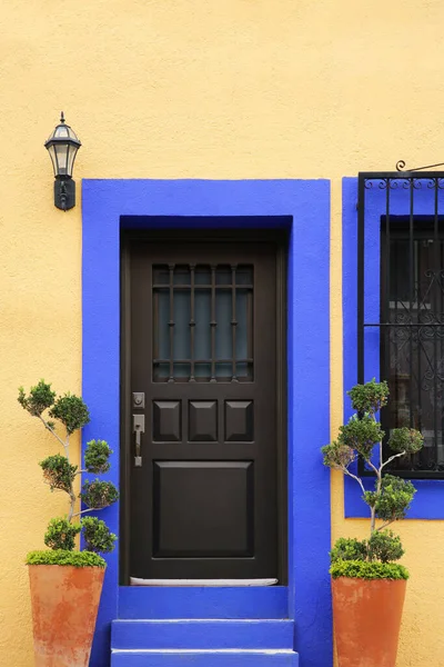 Entrada Casa Residencial Con Puerta Macetas Ventana —  Fotos de Stock