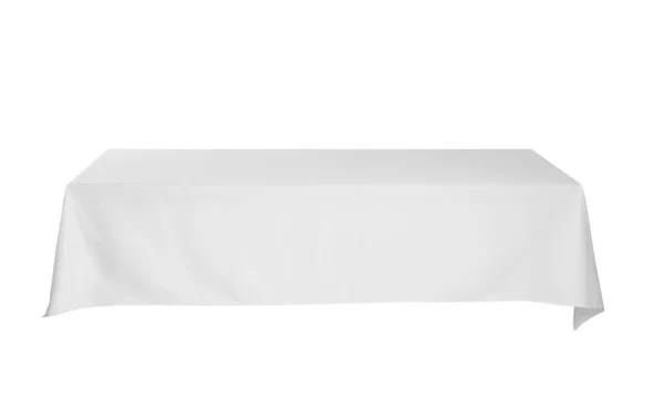 Asztal Fehér Abroszt Izolált Fehér — Stock Fotó