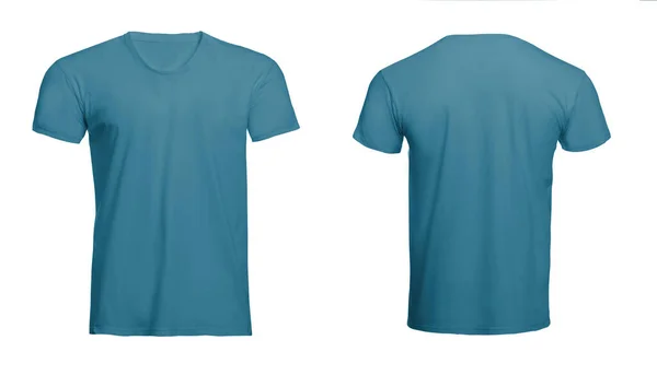 Przednie Tylne Widoki Jasnoniebieskiej Koszulki Męskiej Białym Tle Makieta Projektowania — Zdjęcie stockowe