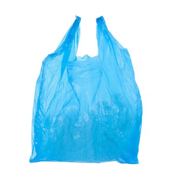 Bir açık mavi plastik çanta beyaza izole edilmiş.