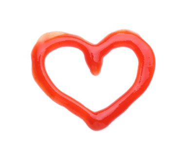 Heart made of tasty ketchup isolated on white, top view