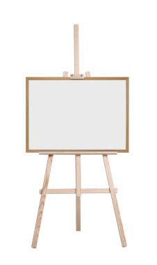 Beyaz zemin üzerinde boş tuval olan ahşap sehpa. Tasarım için model