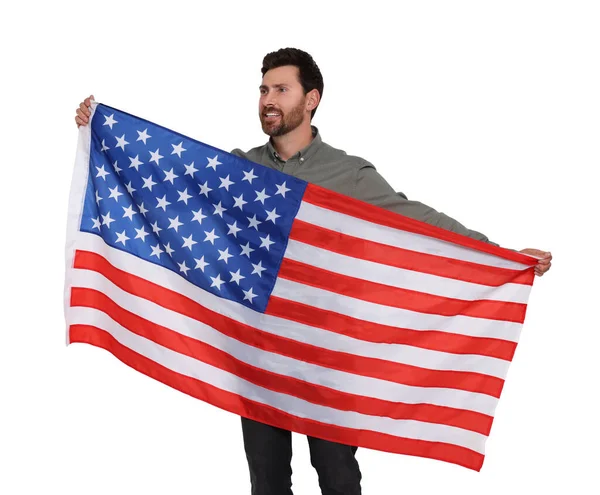 Lipca Dzień Niepodległości Ameryki Szczęśliwy Człowiek Trzyma Flagę Narodową Stanów — Zdjęcie stockowe