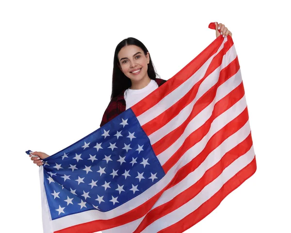 Ιουλίου Ημέρα Ανεξαρτησίας Της Αμερικής Ευτυχισμένη Γυναίκα Που Κρατά Την — Φωτογραφία Αρχείου
