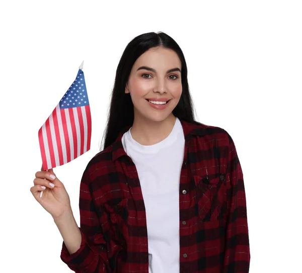 Julho Dia Independência América Jovem Feliz Segurando Bandeira Nacional Dos — Fotografia de Stock