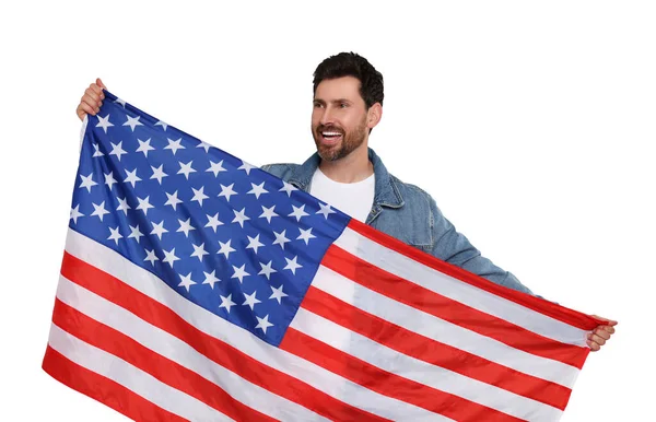 Julho Dia Independência América Homem Feliz Segurando Bandeira Nacional Dos — Fotografia de Stock