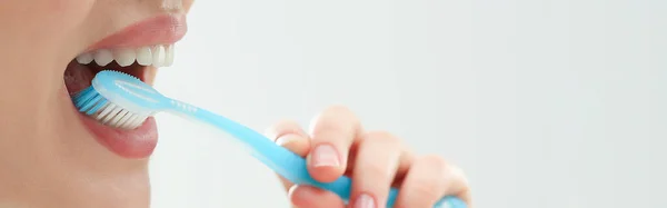 Woman Brushing Her Teeth Plastic Toothbrush White Background Closeup Banner — Stock Photo, Image