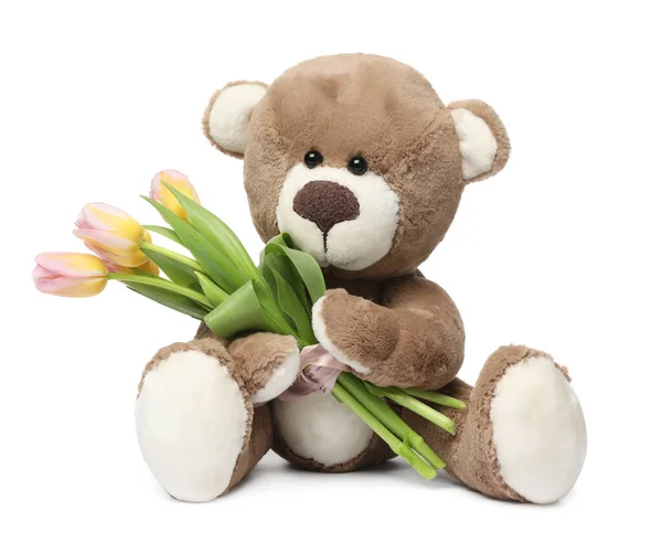 Niedlicher Teddybär Mit Schönen Tulpen Isoliert Auf Weiß — Stockfoto