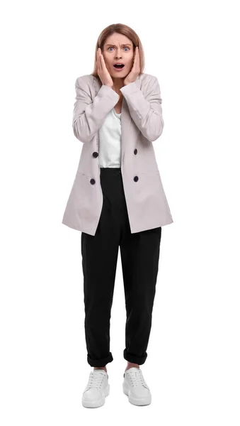 Mooie Emotionele Zakenvrouw Poseren Witte Achtergrond — Stockfoto