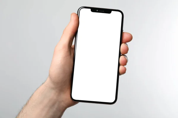 Man Holding Smartphone Blank Screen White Background Mockup Design — 스톡 사진