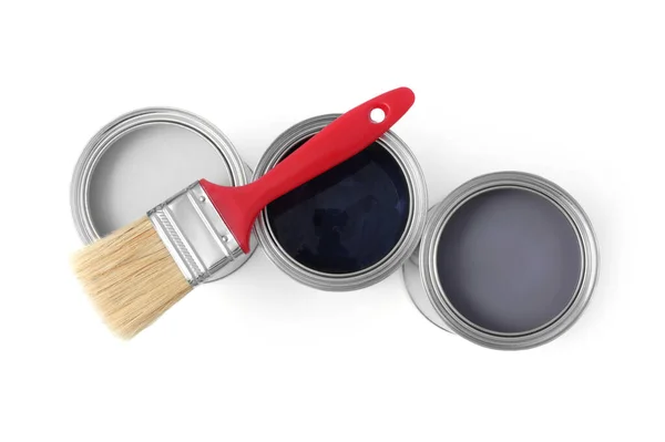 Cans Different Paints Brush White Background Top View — Stock Photo, Image