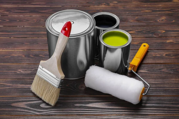 Cans Yellow Black Paints Roller Brush Wooden Table — Stock Photo, Image