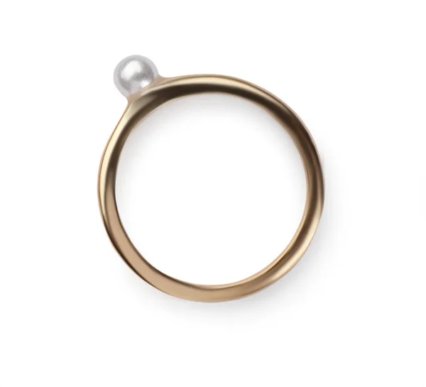 Elegante Ring Met Parels Geïsoleerd Wit Bovenaanzicht — Stockfoto