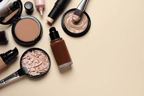 Liquid Foundations Beauty Accessories Face Powders Beige Background Flat Lay — Stock Photo, Image