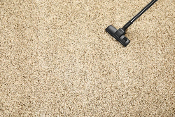 Hoovering Beige Carpet Modern Vacuum Cleaner Top View Space Text — Stock Photo, Image