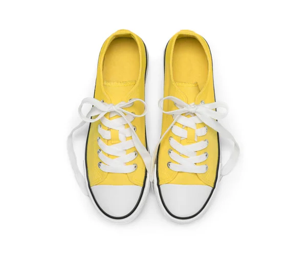 Ζεύγος Από Κίτρινα Κλασικά Παλιά Αθλητικά Παπούτσια Που Απομονώνονται Λευκή — Φωτογραφία Αρχείου