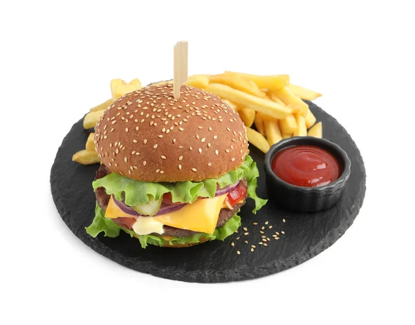 Köstliche Burger Mit Rindfleisch Patty Tomatensauce Und Pommes Frites Isoliert — Stockfoto