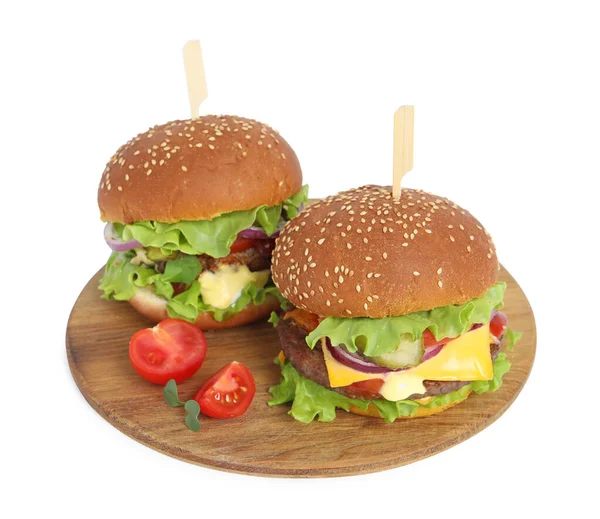 Pyszne Hamburgery Pasztetem Wołowym Pomidorami Izolowane Białym — Zdjęcie stockowe