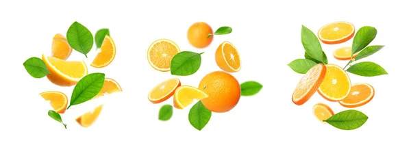 Набір Зрізаних Цілих Апельсинів Зеленим Листям Літають Білому Тлі — стокове фото