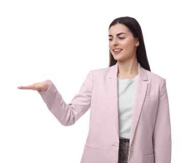 Beyaz arka plan üzerinde poz güzel genç iş kadını