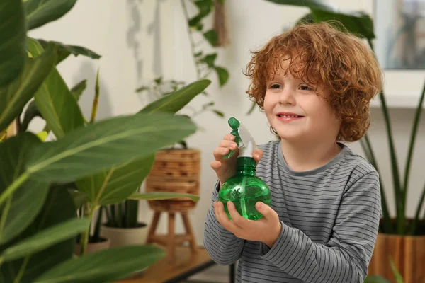 Söt Liten Pojke Besprutning Vacker Grön Växt Hemma Husinredning — Stockfoto