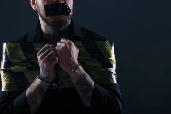 Taped Handcuffed Man Taken Hostage Dark Background Closeup Space Text — Stock Photo, Image