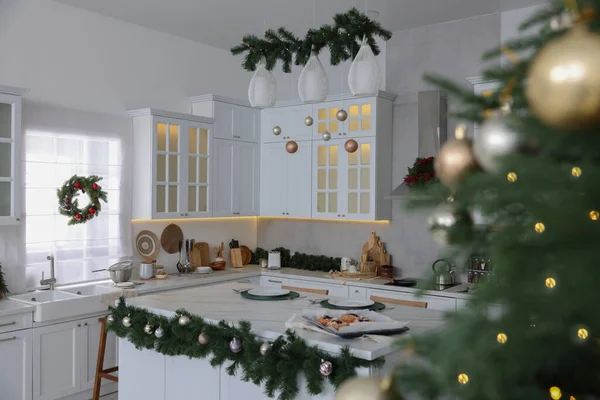 Stock image Cozy spacious kitchen decorated for Christmas. Interior design