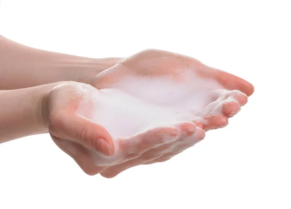 Woman Bath Foam White Background Closeup — Zdjęcie stockowe