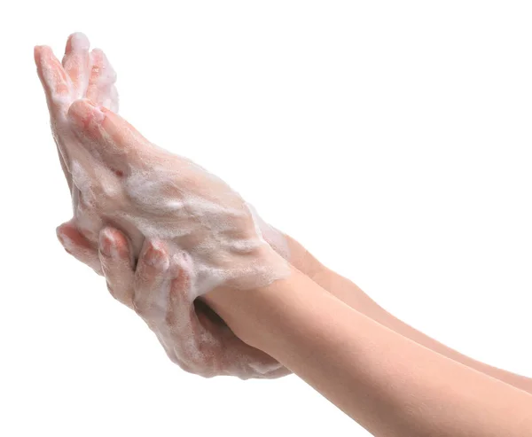 Woman Washing Hands Cleansing Foam White Background Closeup — 图库照片