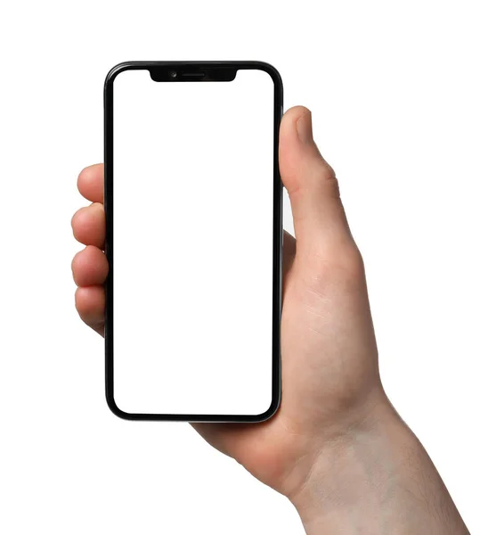Man Som Håller Smartphone Med Tom Skärm Vit Bakgrund Mockup — Stockfoto