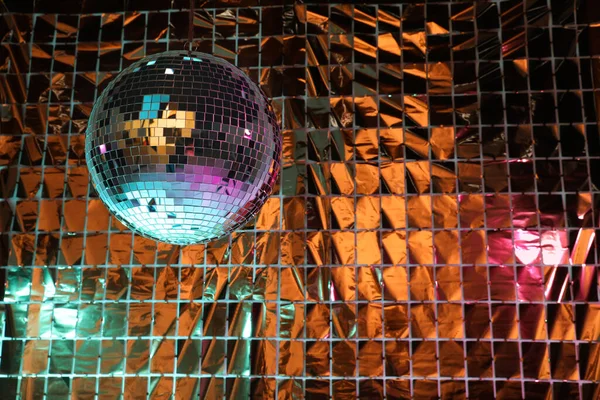 Shiny Disco Ball Foil Party Curtain Turquoise Orange Light Space — Stock Photo, Image