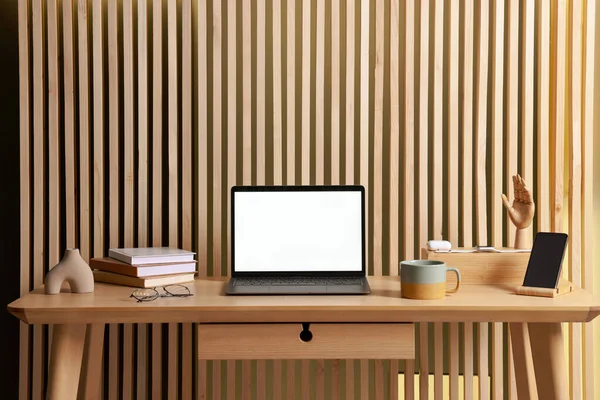 Stylish Workplace Laptop Stationery Wooden Table Indoors — Stock Photo, Image